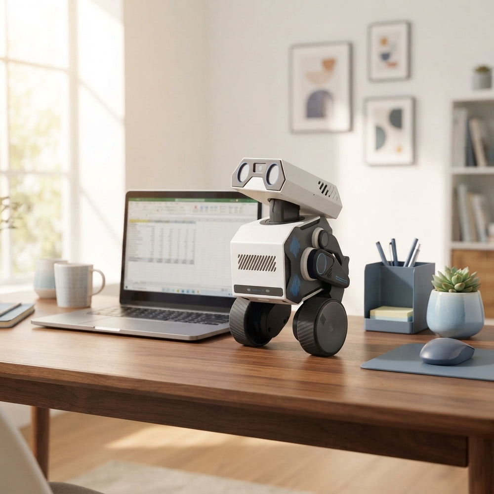 WYNDME Smart AI Robot Companion sitting on a modern desk in a home office next to a laptop and desk accessories.