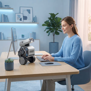 A professional woman working at a bright, modern desk with a sleek WYNDME AI robot companion nearby.