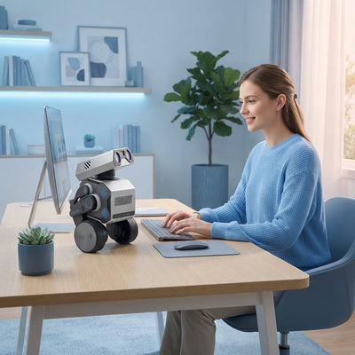 A professional woman working at a bright, modern desk with a sleek WYNDME AI robot companion nearby.