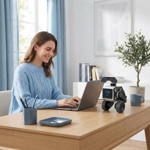 A person working at a bright desk with the WYNDME Smart AI Robot Companion in a modern, serene home office.